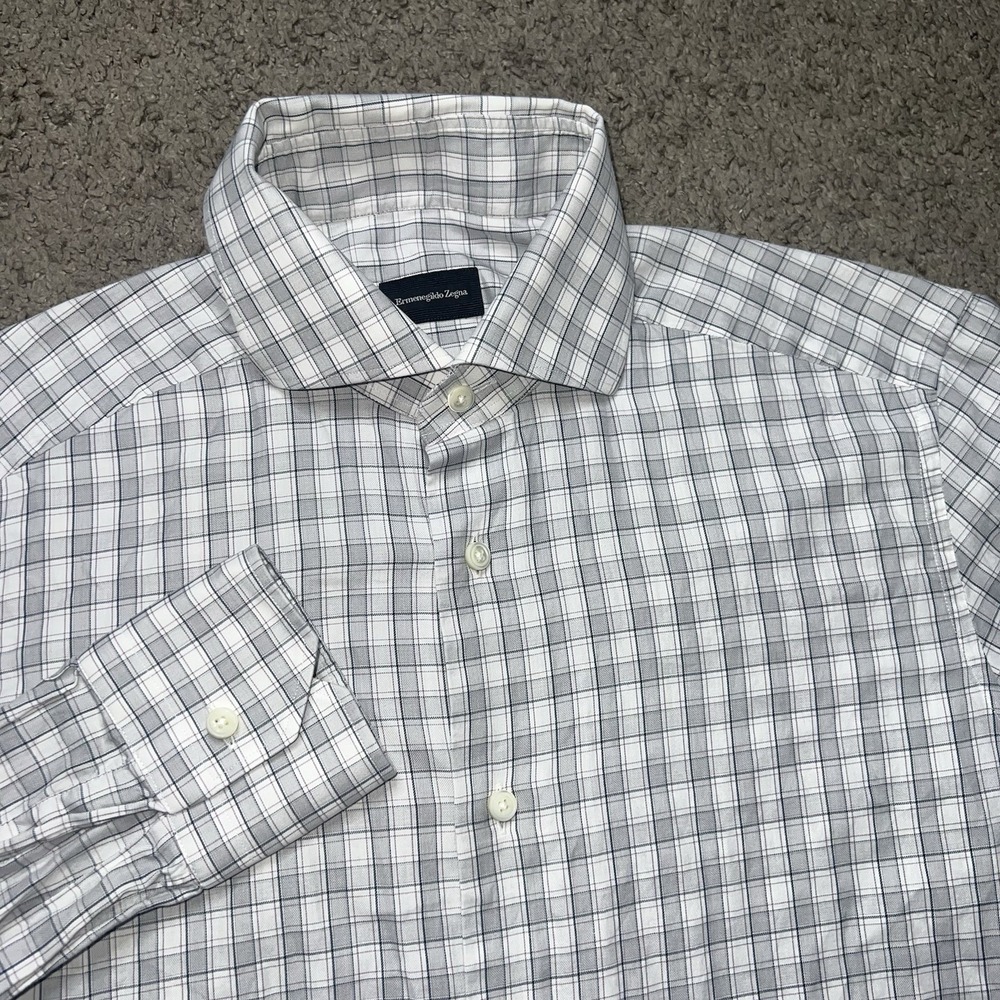 Ermenegildo Zegna Gray Plaid‎ Button Down Shirt Long Sleeve Mens 38-15
